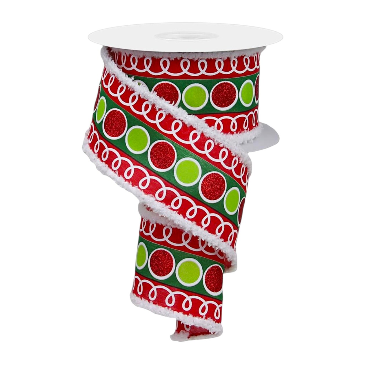 RG Ribbon: Polka Dots and Loops Christmas Ribbon, 2.5" x 10 Yards - Red, Lime, Green, White - For Bows, Wreaths, Crafts, and Decorations